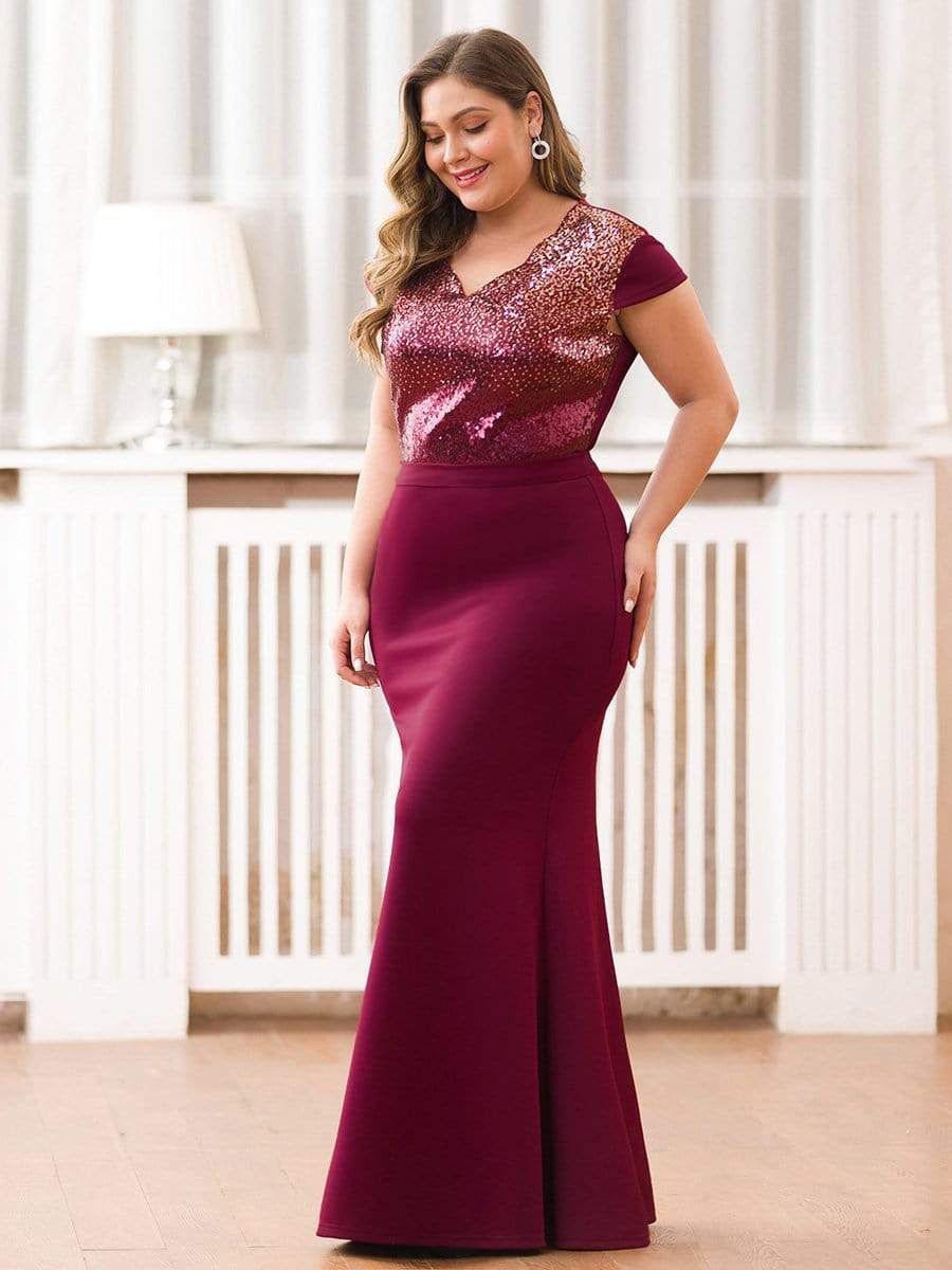 Color=Burgundy | Women'S V-Neck Sequin Dress Evening Party Mermaid Dress-Burgundy 3