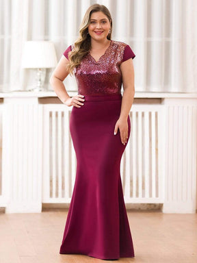 Color=Burgundy | Women'S V-Neck Sequin Dress Evening Party Mermaid Dress-Burgundy 4