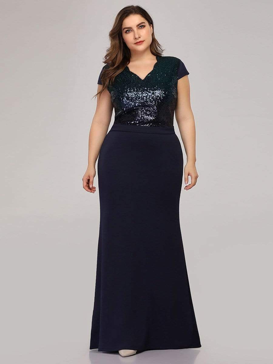 Color=Navy Blue | Women'S V-Neck Sequin Dress Evening Party Mermaid Dress-Navy Blue 4