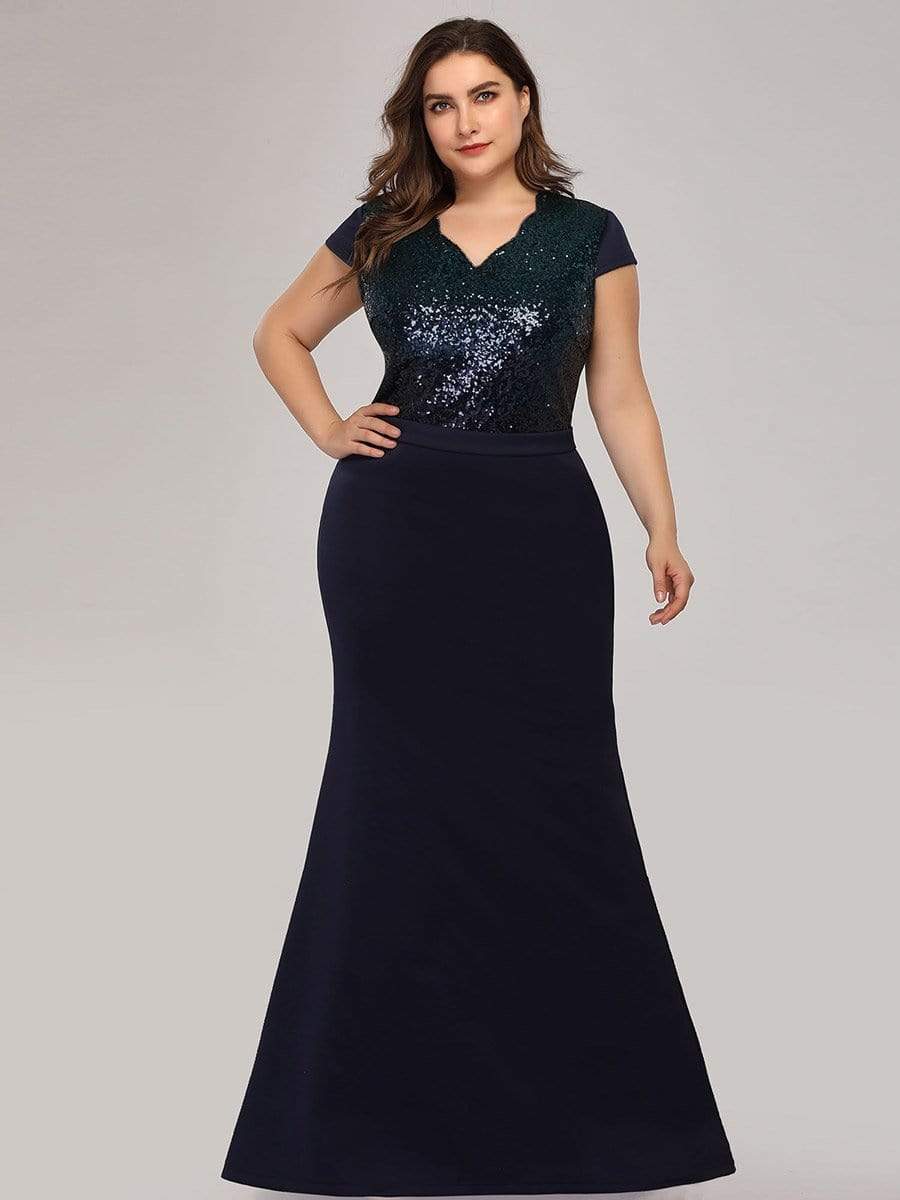 Color=Navy Blue | Women'S V-Neck Sequin Dress Evening Party Mermaid Dress-Navy Blue 1