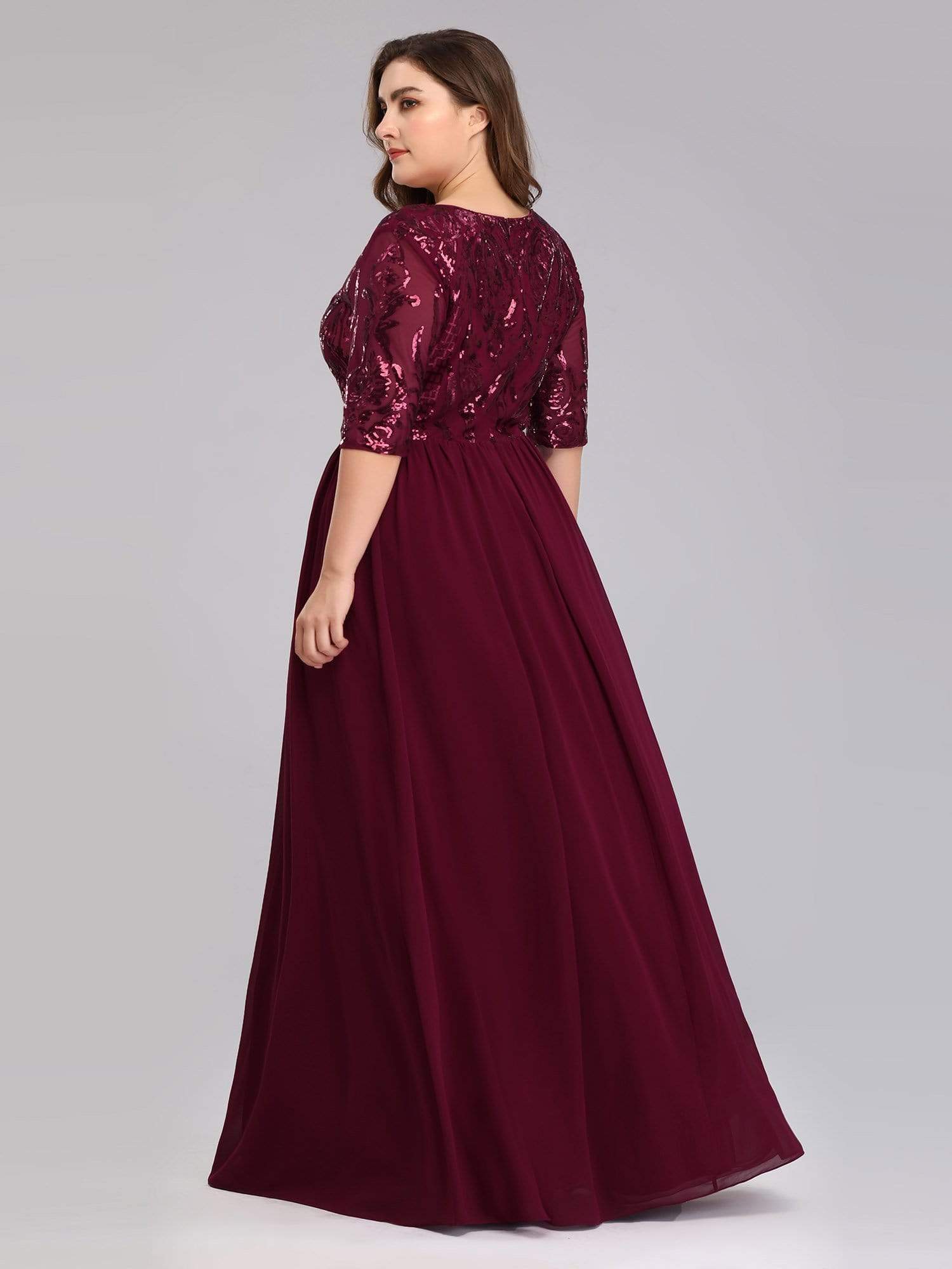 Color=Burgundy | Women'S V-Neck Half Sleeve Patchwork Floor-Length Evening Dress-Burgundy 2