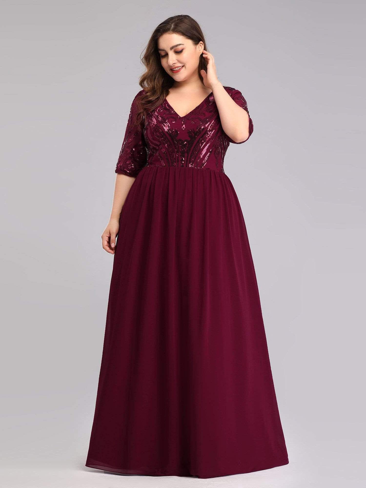 Color=Burgundy | Women'S V-Neck Half Sleeve Patchwork Floor-Length Evening Dress-Burgundy 4