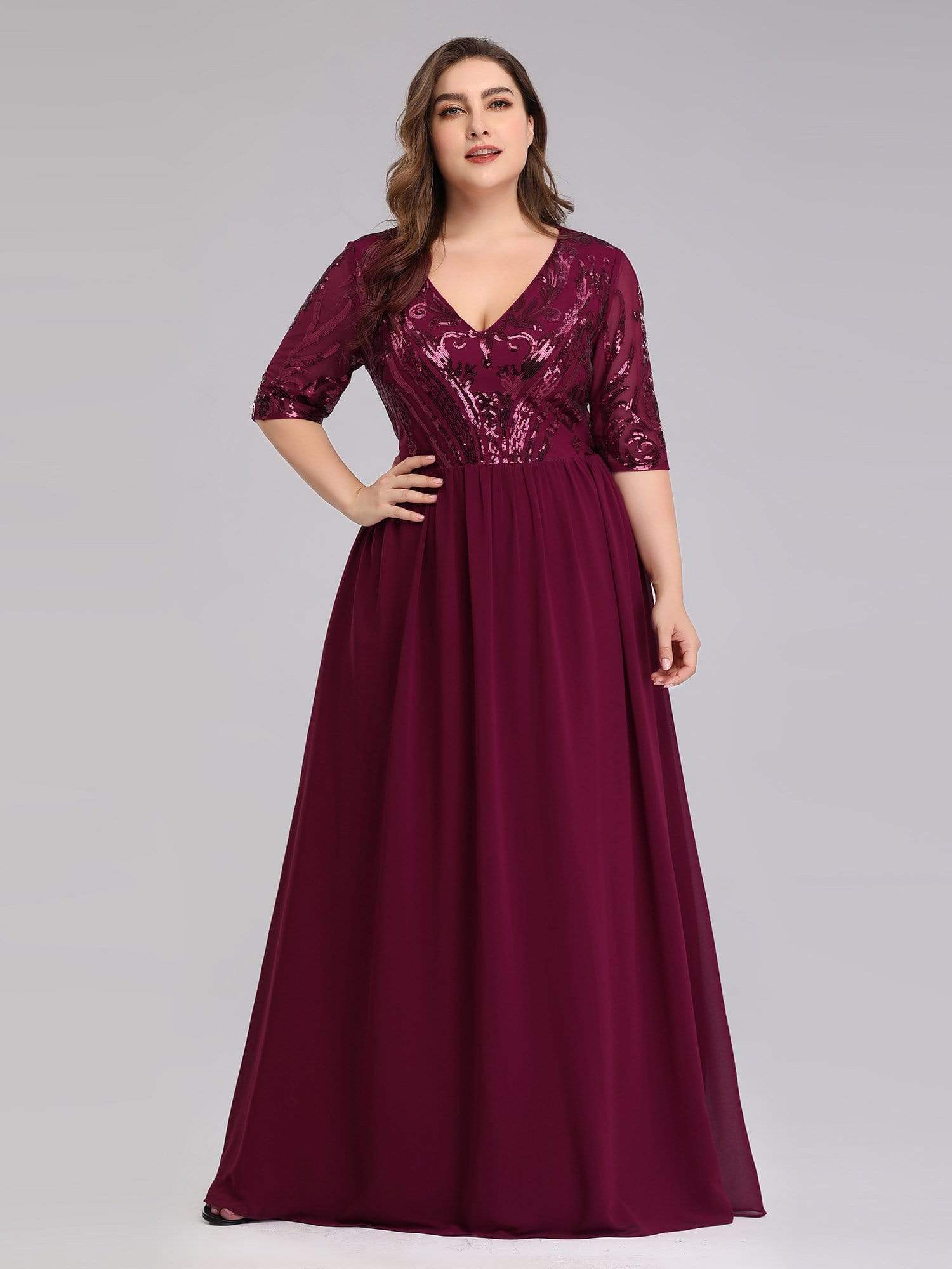 Color=Burgundy | Women'S V-Neck Half Sleeve Patchwork Floor-Length Evening Dress-Burgundy 1