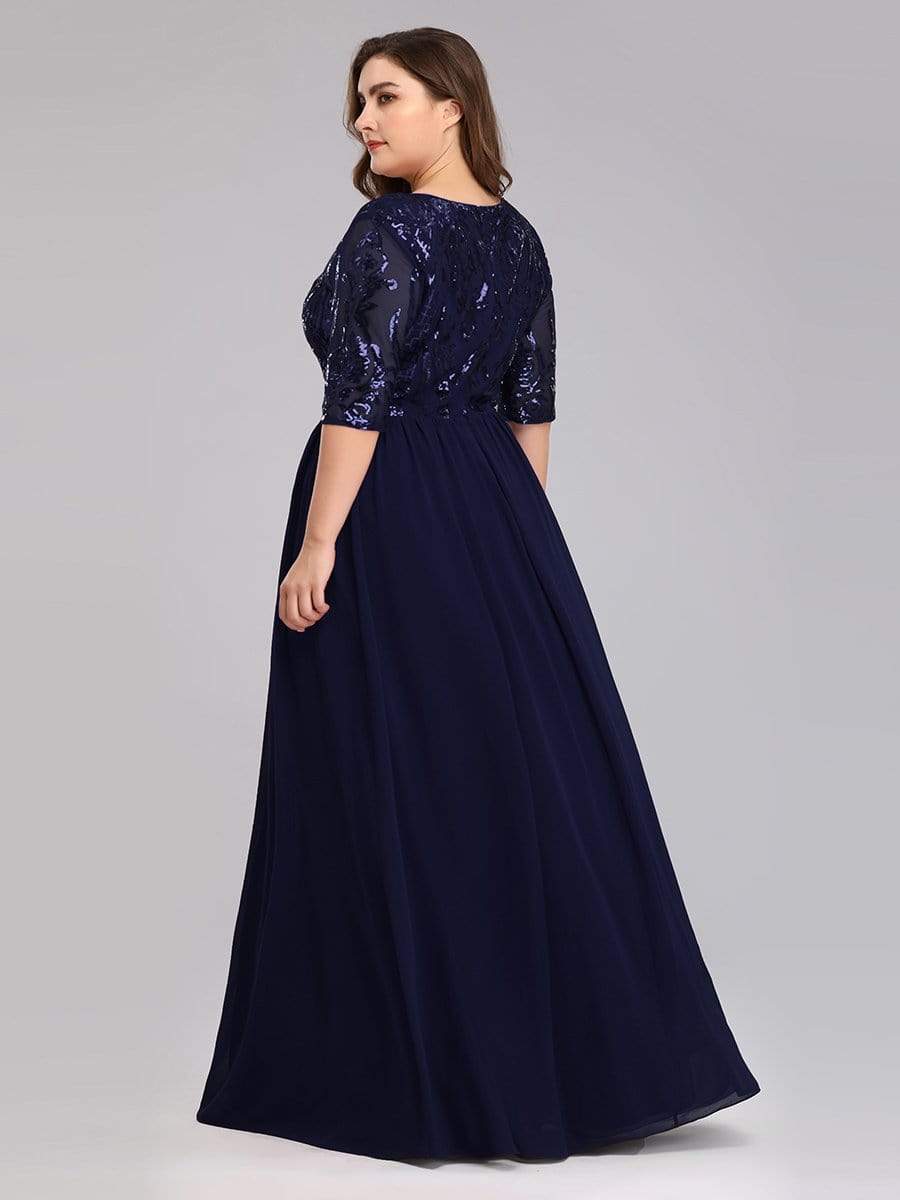 Color=Navy Blue | Women'S V-Neck Half Sleeve Patchwork Floor-Length Evening Dress-Navy Blue 2