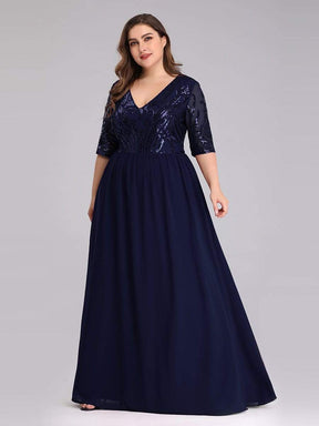 Color=Navy Blue | Women'S V-Neck Half Sleeve Patchwork Floor-Length Evening Dress-Navy Blue 3