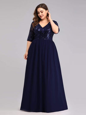 Color=Navy Blue | Women'S V-Neck Half Sleeve Patchwork Floor-Length Evening Dress-Navy Blue 4
