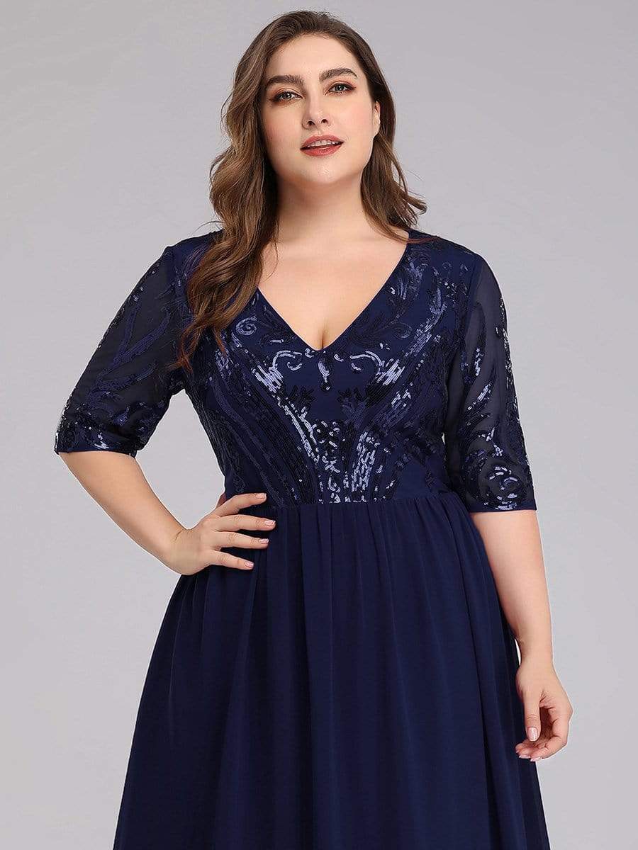 Color=Navy Blue | Women'S V-Neck Half Sleeve Patchwork Floor-Length Evening Dress-Navy Blue 5