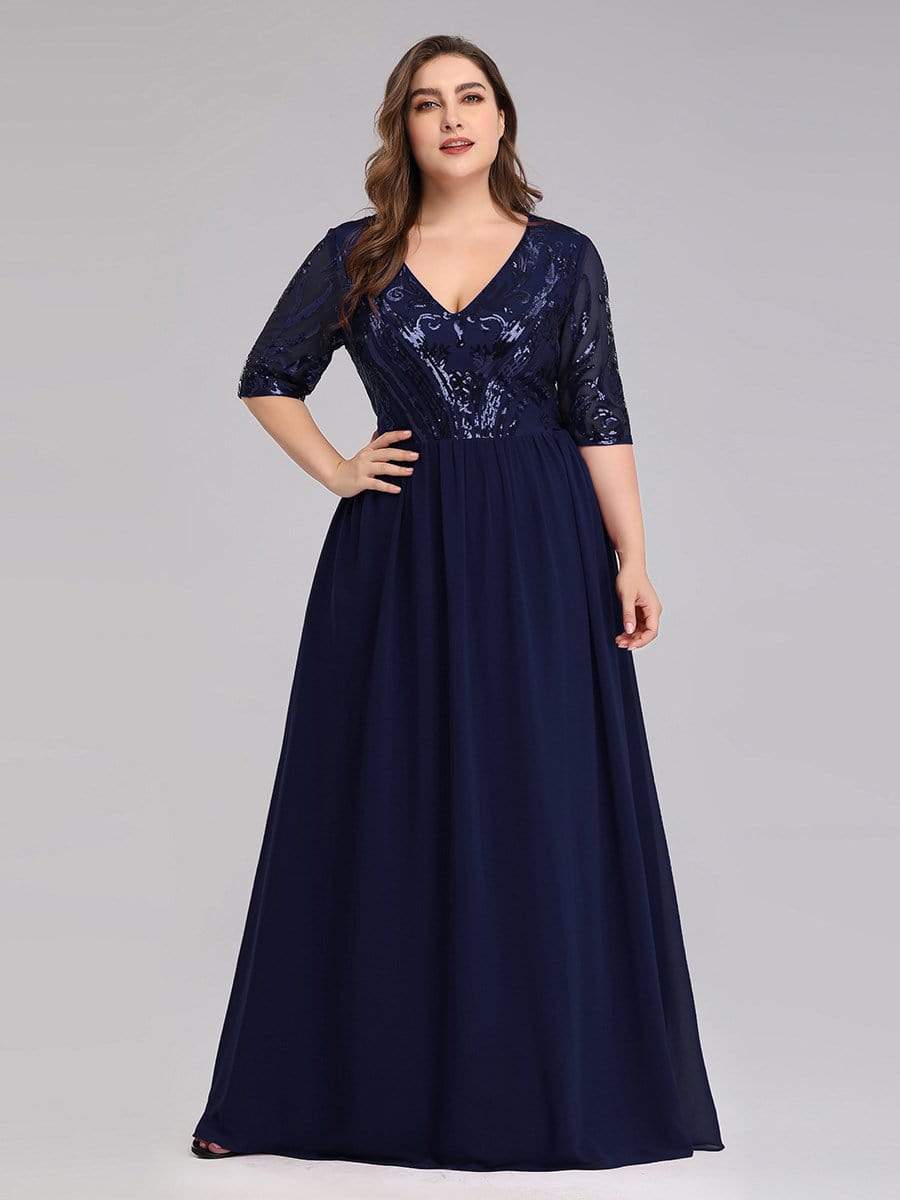 Color=Navy Blue | Women'S V-Neck Half Sleeve Patchwork Floor-Length Evening Dress-Navy Blue 1
