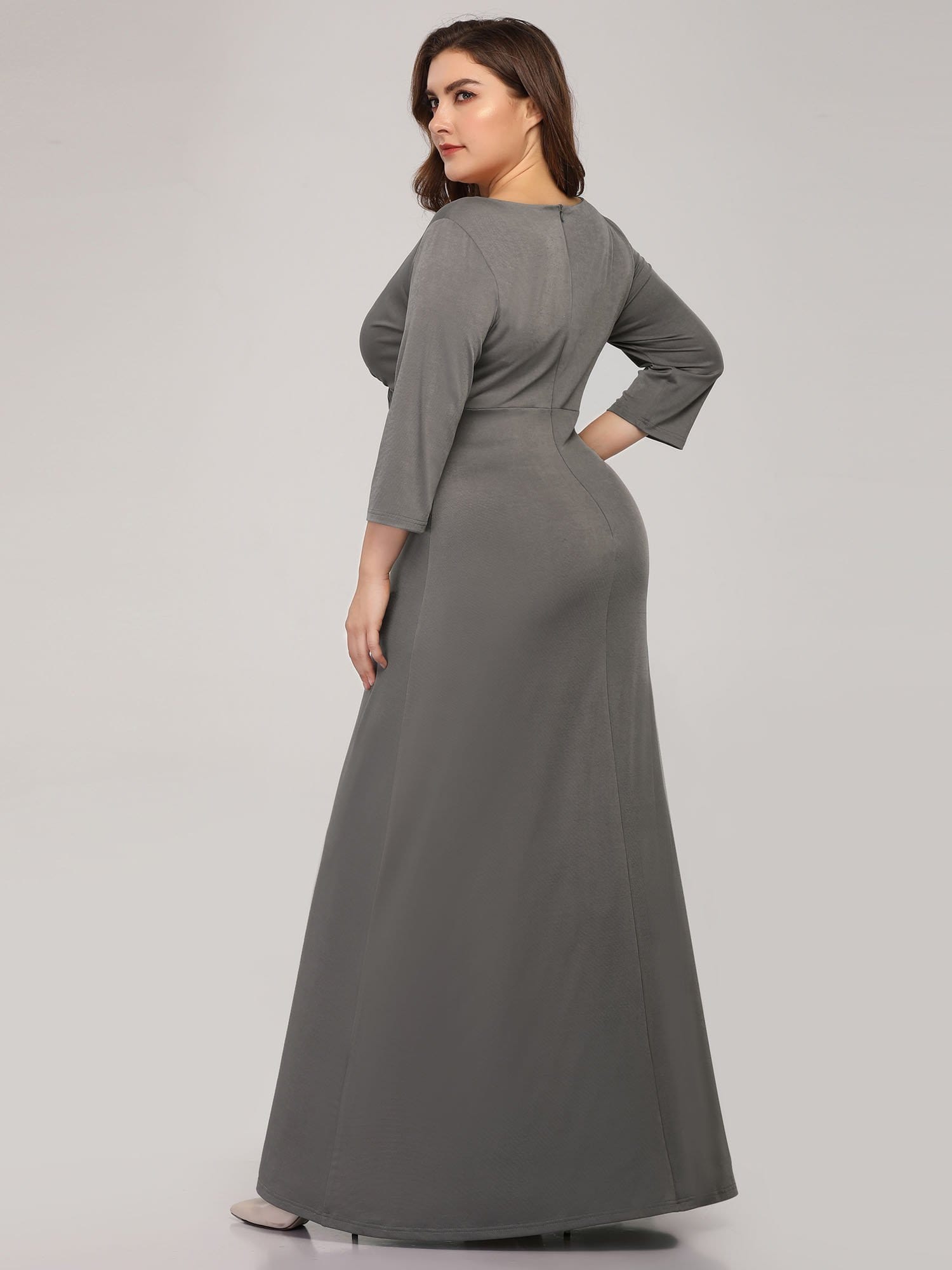 Color=Grey | Women'S Plus Size V-Neck Font Wrap Floor-Length Evening Dress-Grey 2