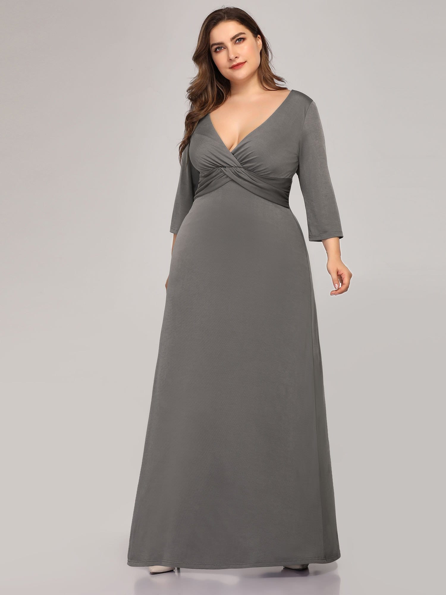 Color=Grey | Women'S Plus Size V-Neck Font Wrap Floor-Length Evening Dress-Grey 3