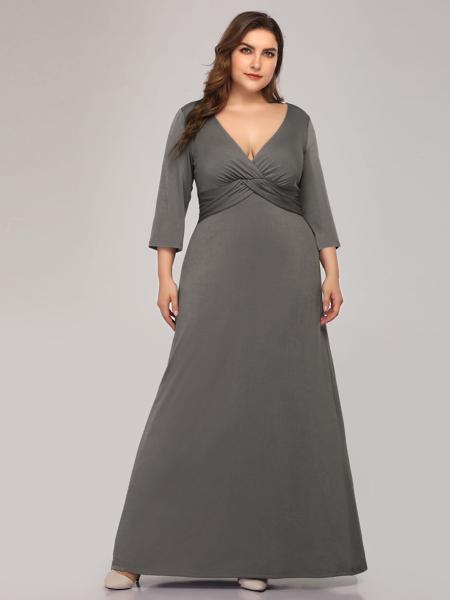 Color=Grey | Women'S Plus Size V-Neck Font Wrap Floor-Length Evening Dress-Grey 1