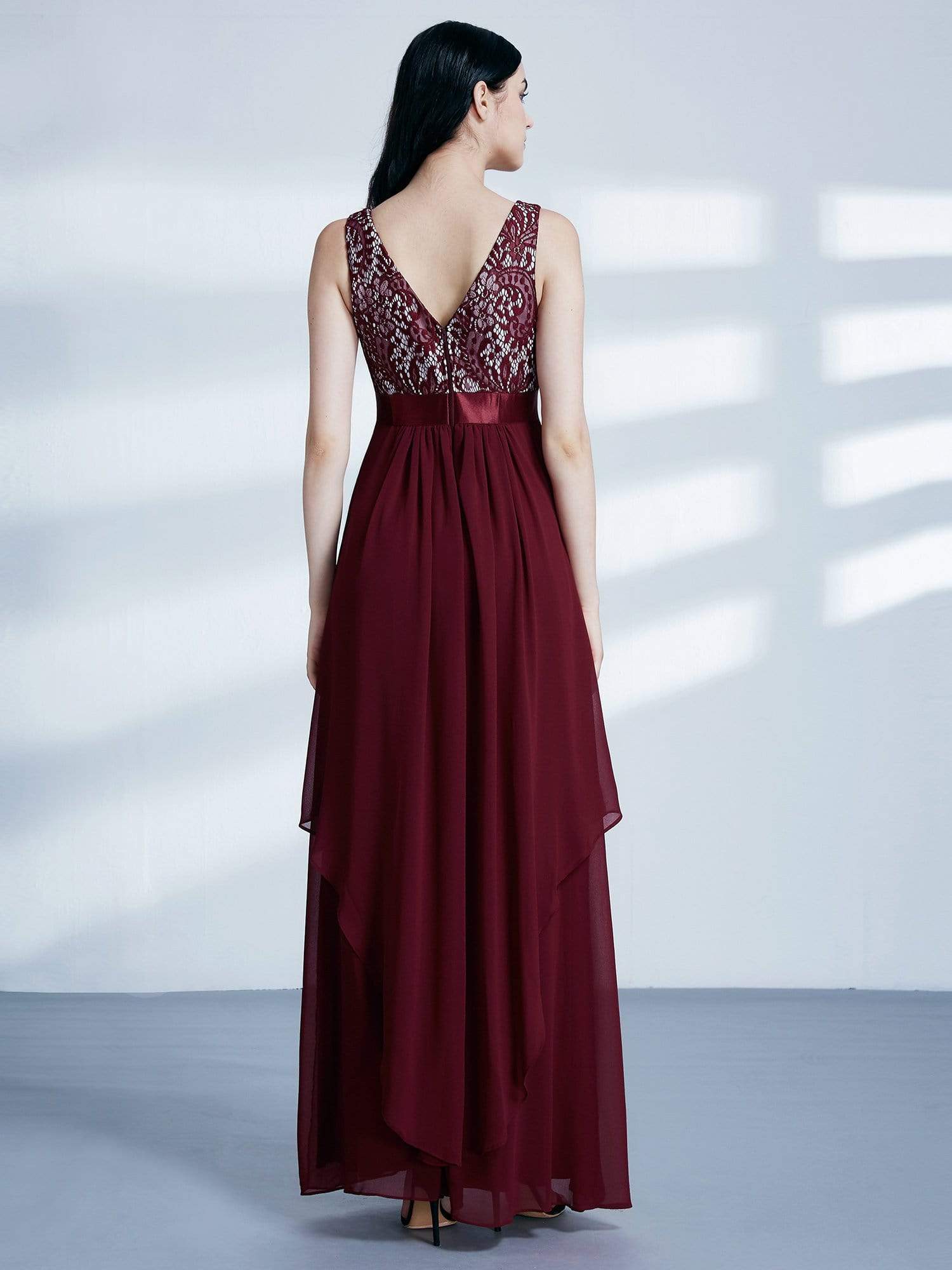 Color=Burgundy | Sleeveless Long Evening Dress With Lace Bodice-Burgundy 3