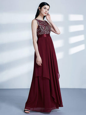 Color=Burgundy | Sleeveless Long Evening Dress With Lace Bodice-Burgundy 4