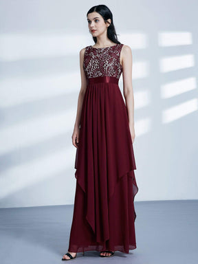 Color=Burgundy | Sleeveless Long Evening Dress With Lace Bodice-Burgundy 5