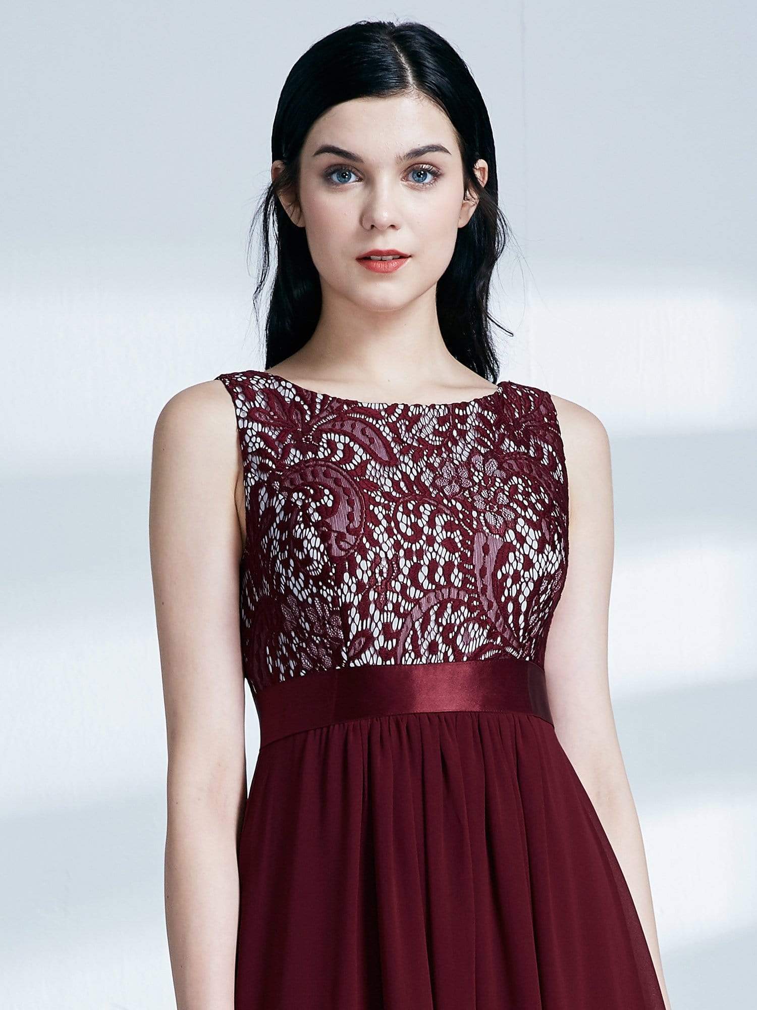 Color=Burgundy | Sleeveless Long Evening Dress With Lace Bodice-Burgundy 6