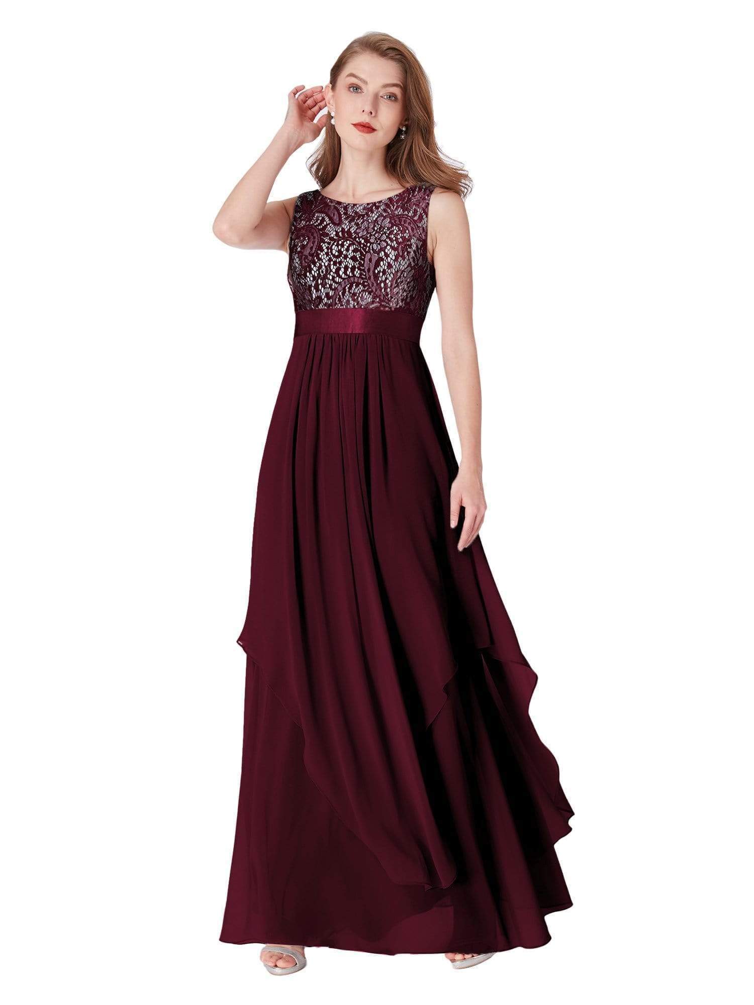 Color=Burgundy | Sleeveless Long Evening Dress With Lace Bodice-Burgundy 7