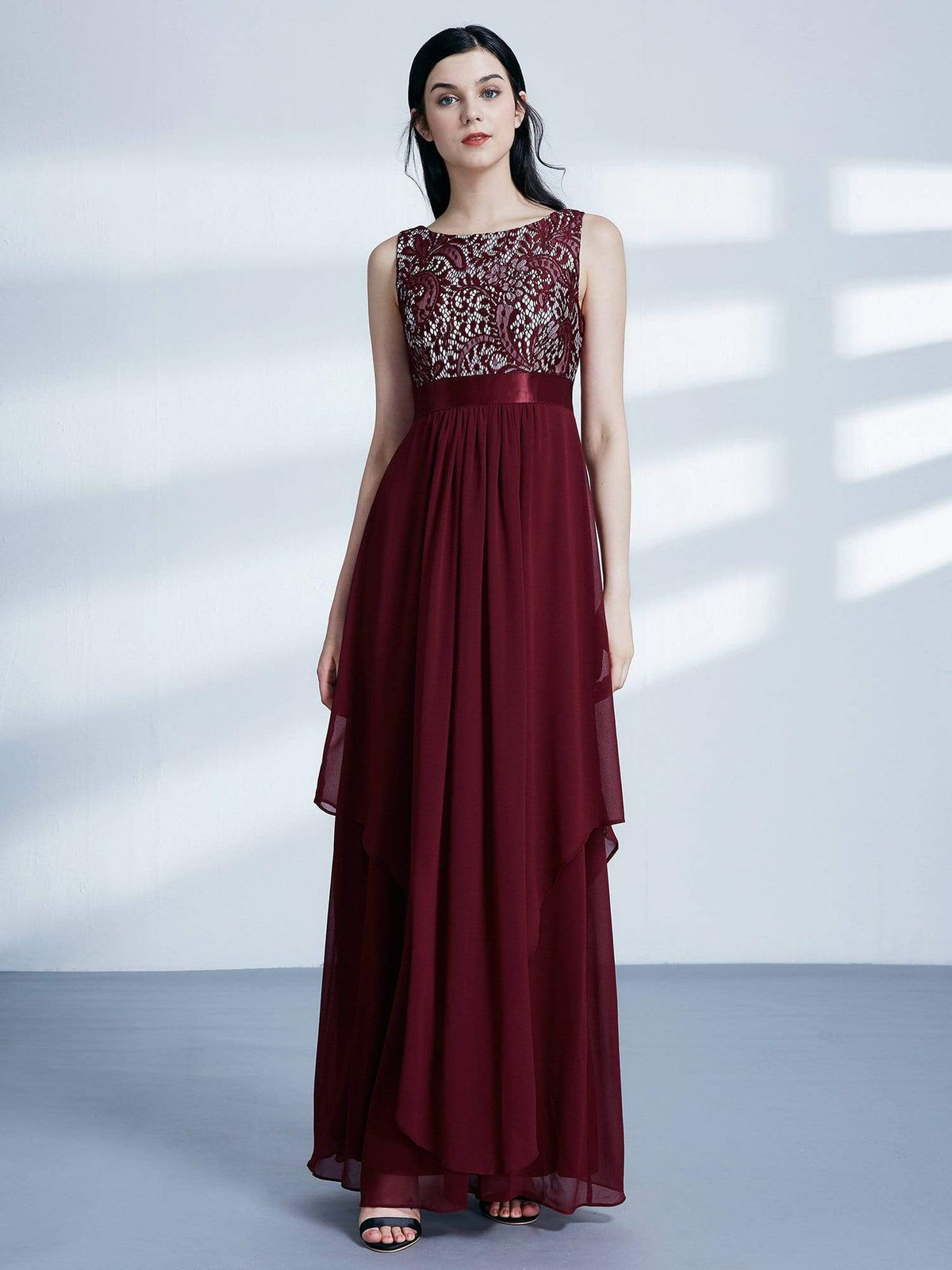 Color=Burgundy | Sleeveless Long Evening Dress With Lace Bodice-Burgundy 1
