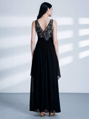 Color=Black | Sleeveless Long Evening Dress With Lace Bodice-Black 3