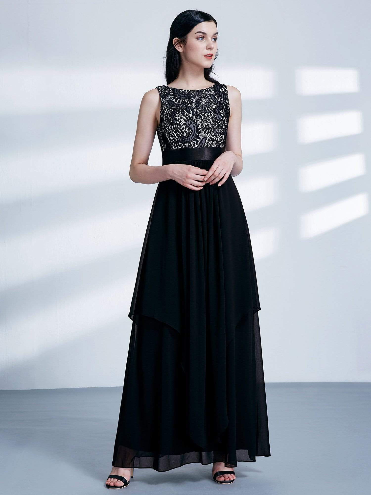 Color=Black | Sleeveless Long Evening Dress With Lace Bodice-Black 4