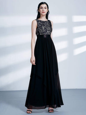 Color=Black | Sleeveless Long Evening Dress With Lace Bodice-Black 5