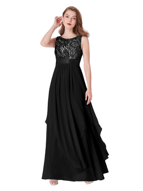 Color=Black | Sleeveless Long Evening Dress With Lace Bodice-Black 7