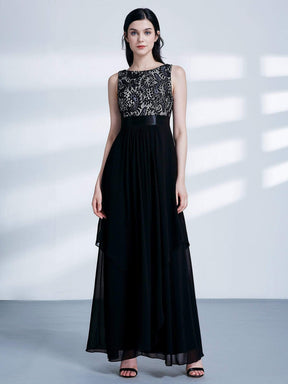 Color=Black | Sleeveless Long Evening Dress With Lace Bodice-Black 1