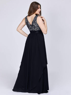 Color=Black | Sleeveless Long Evening Dress With Lace Bodice-Black 9