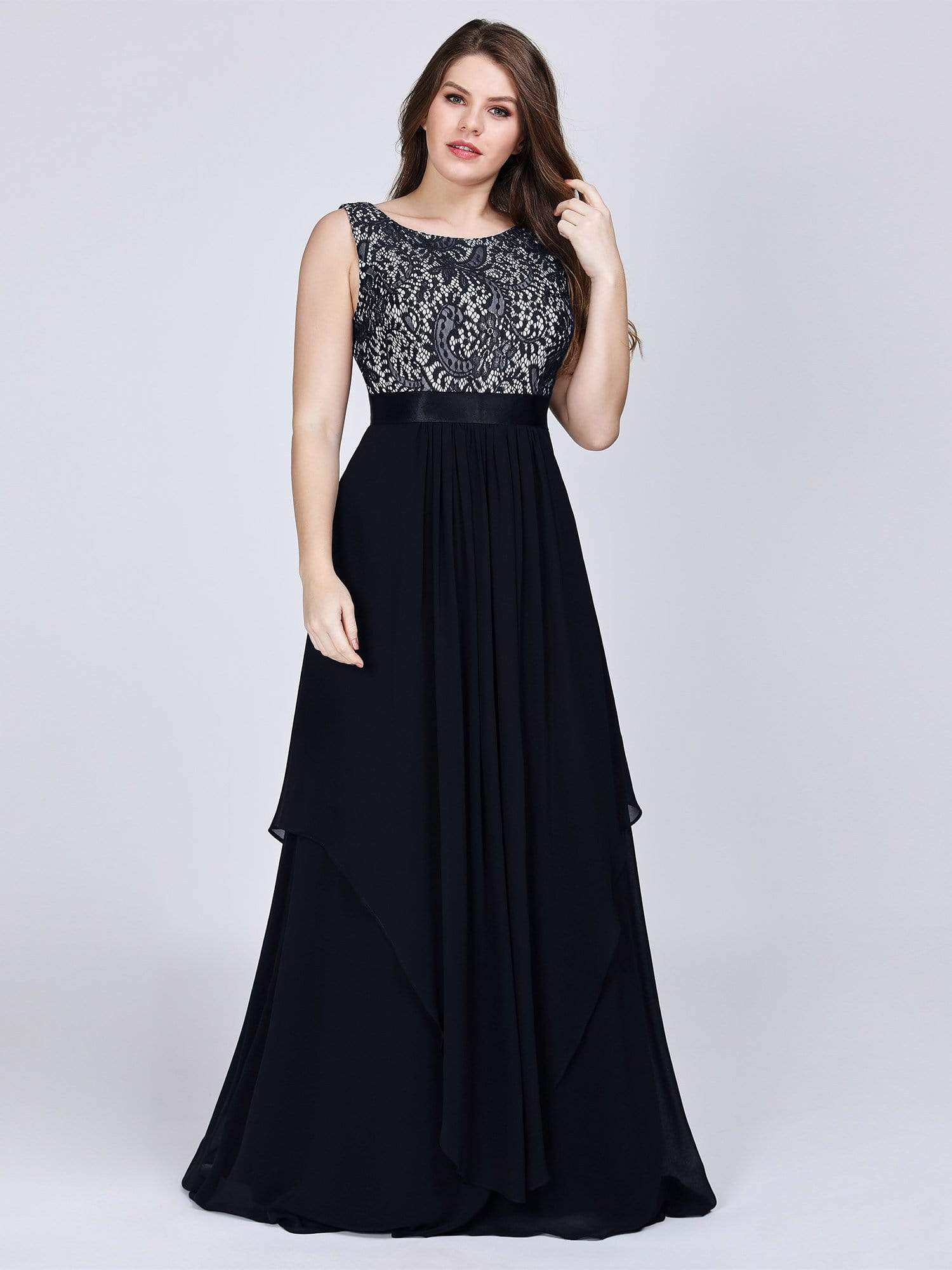 Color=Black | Sleeveless Long Evening Dress With Lace Bodice-Black 10