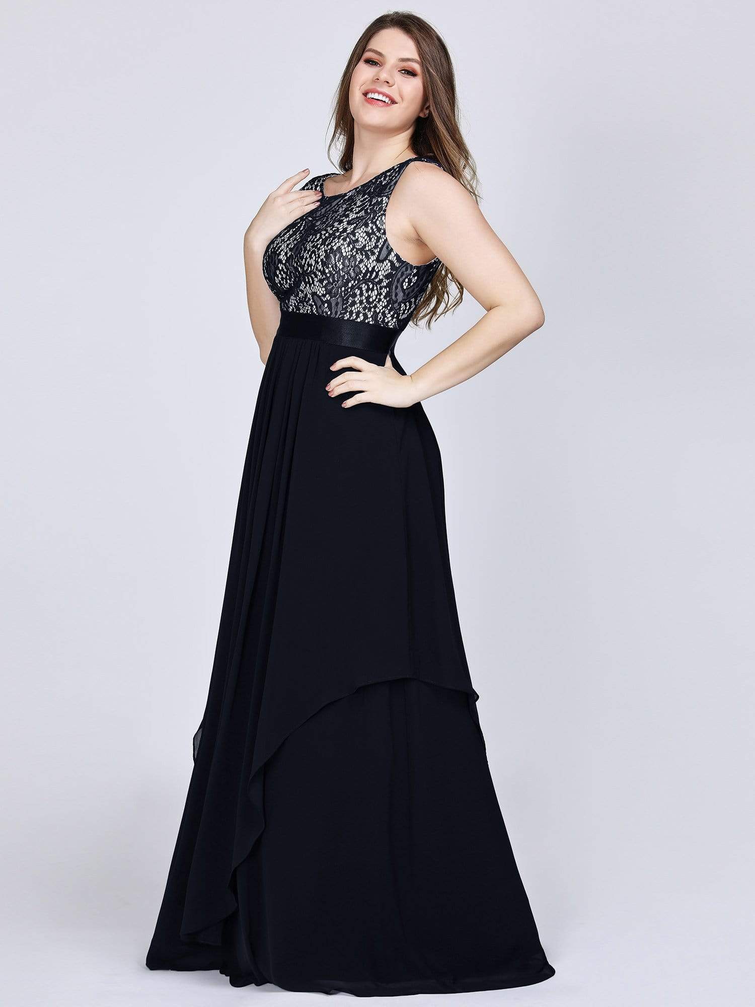 Color=Black | Sleeveless Long Evening Dress With Lace Bodice-Black 11
