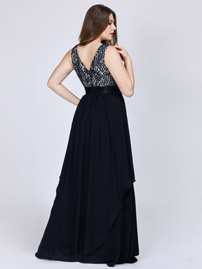Color=Black | Plus Size Sleeveless Long Evening Dress With Lace Bodice-Black 3