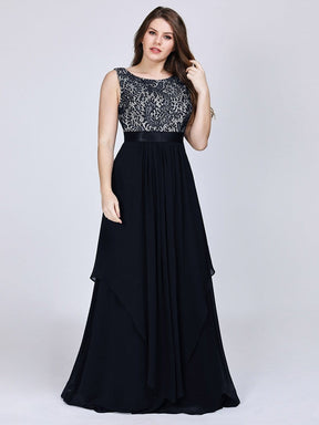 Color=Black | Plus Size Sleeveless Long Evening Dress With Lace Bodice-Black 4