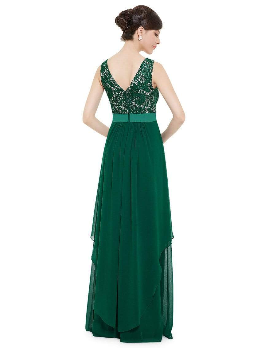 Color=Dark Green | Sleeveless Long Evening Dress With Lace Bodice-Dark Green 2
