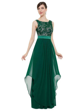 Color=Dark Green | Sleeveless Long Evening Dress With Lace Bodice-Dark Green 3