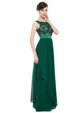 Color=Dark Green | Sleeveless Long Evening Dress With Lace Bodice-Dark Green 4