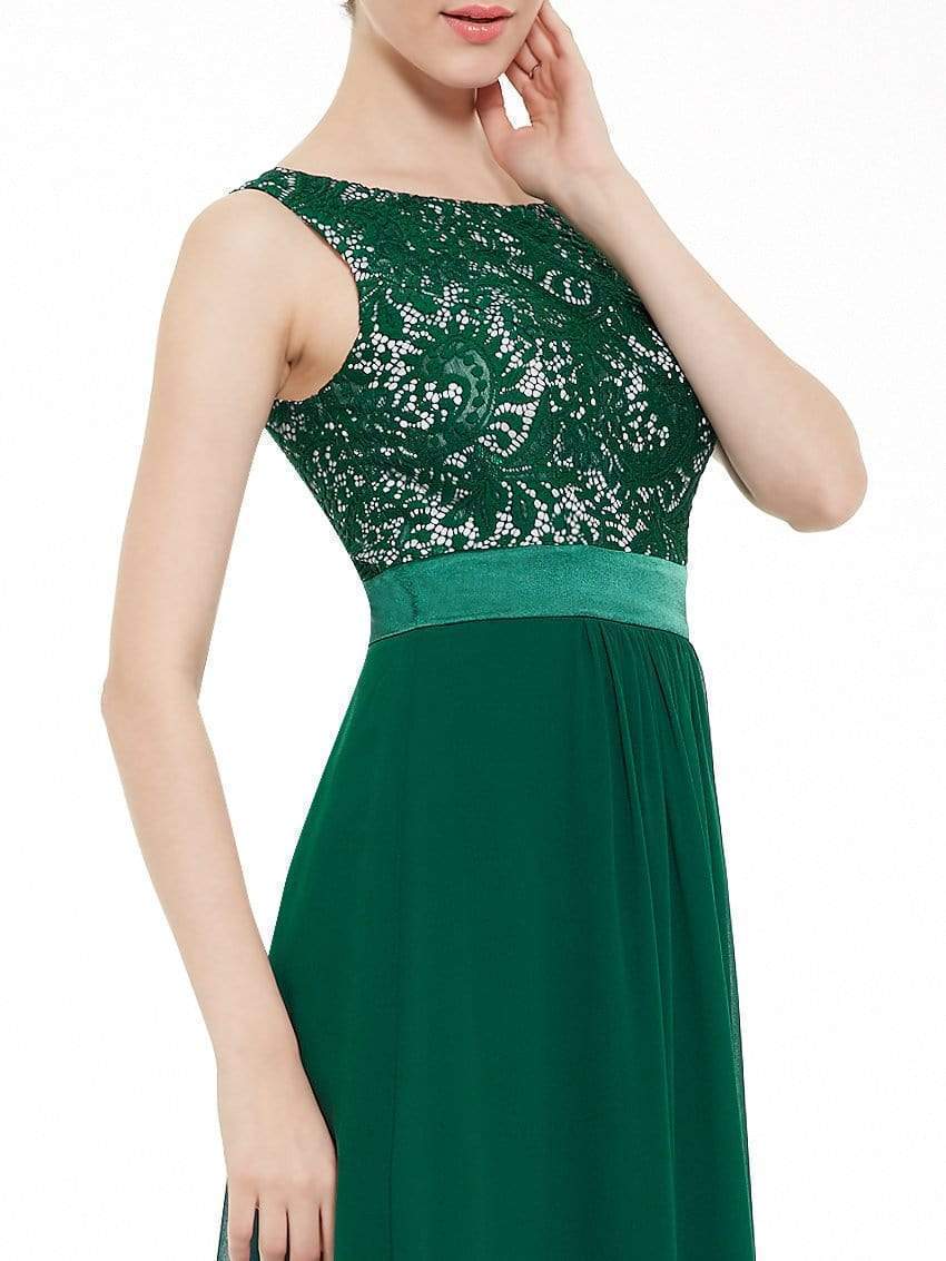 Color=Dark Green | Sleeveless Long Evening Dress With Lace Bodice-Dark Green 5