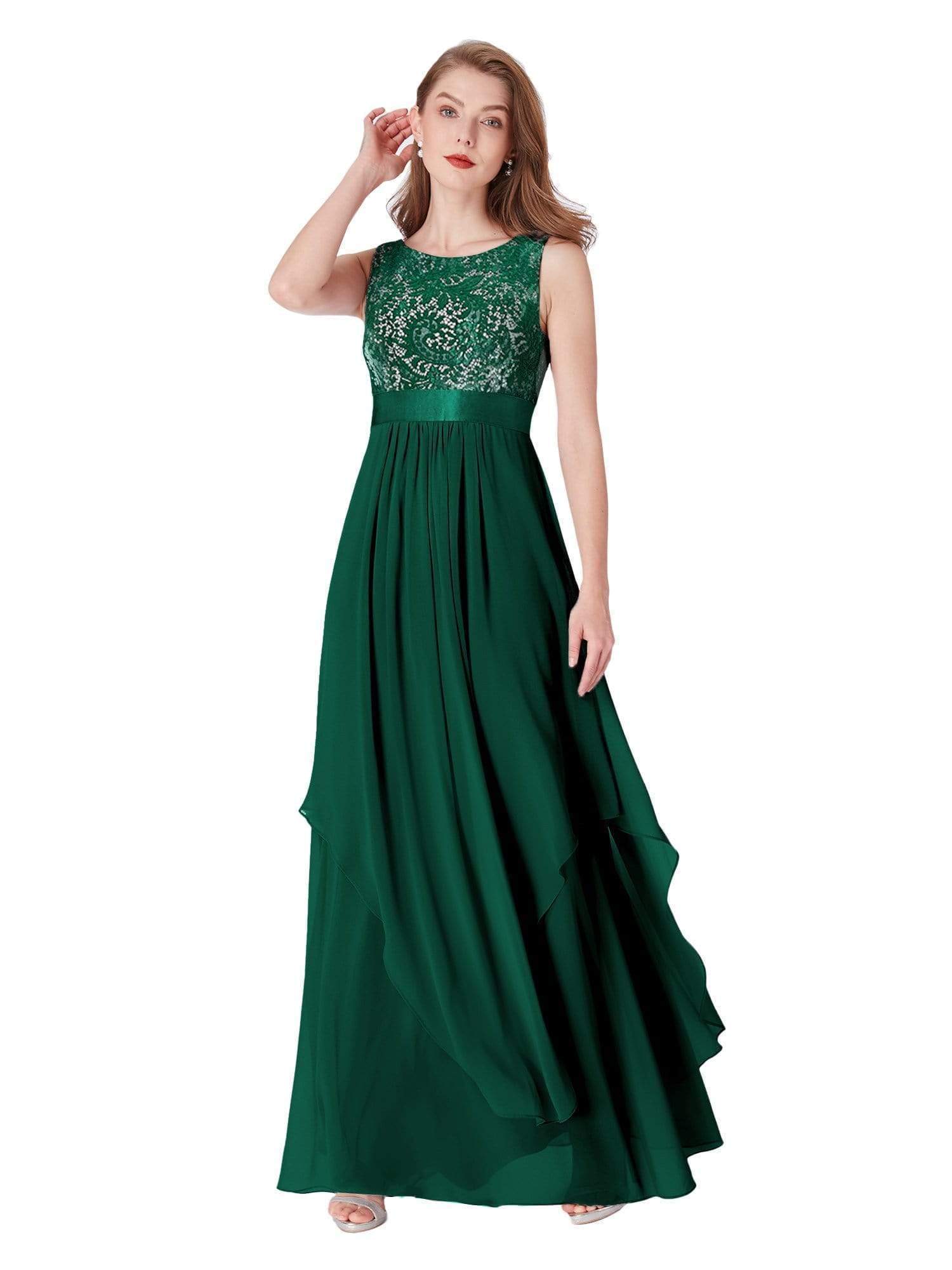 Color=Dark Green | Sleeveless Long Evening Dress With Lace Bodice-Dark Green 6