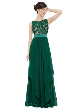 Color=Dark Green | Sleeveless Long Evening Dress With Lace Bodice-Dark Green 1
