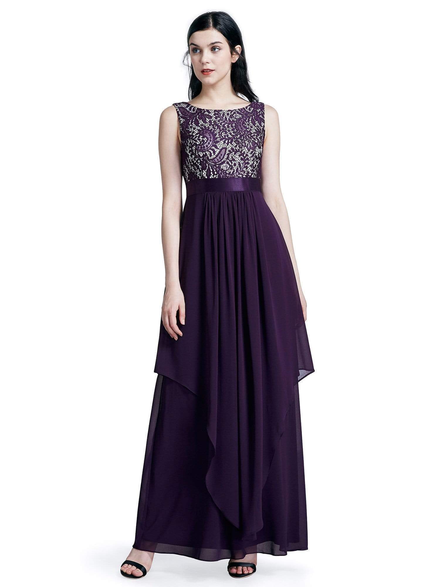 Color=Dark Purple | Sleeveless Long Evening Dress With Lace Bodice-Dark Purple 2