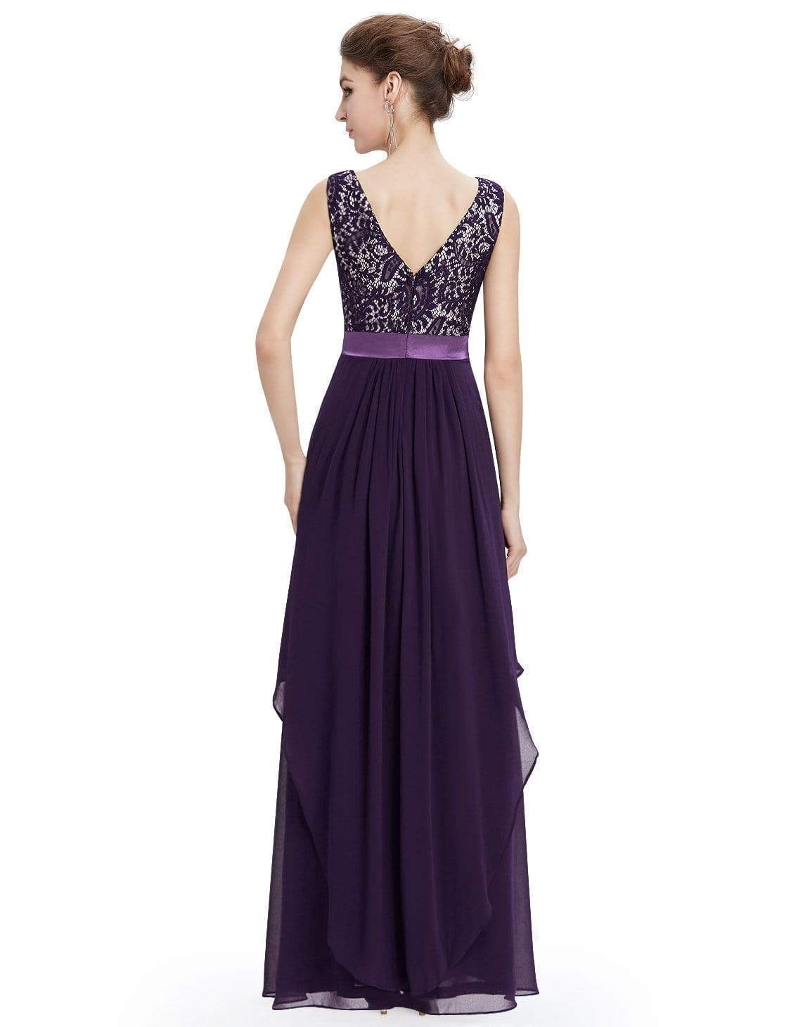 Color=Dark Purple | Sleeveless Long Evening Dress With Lace Bodice-Dark Purple 3