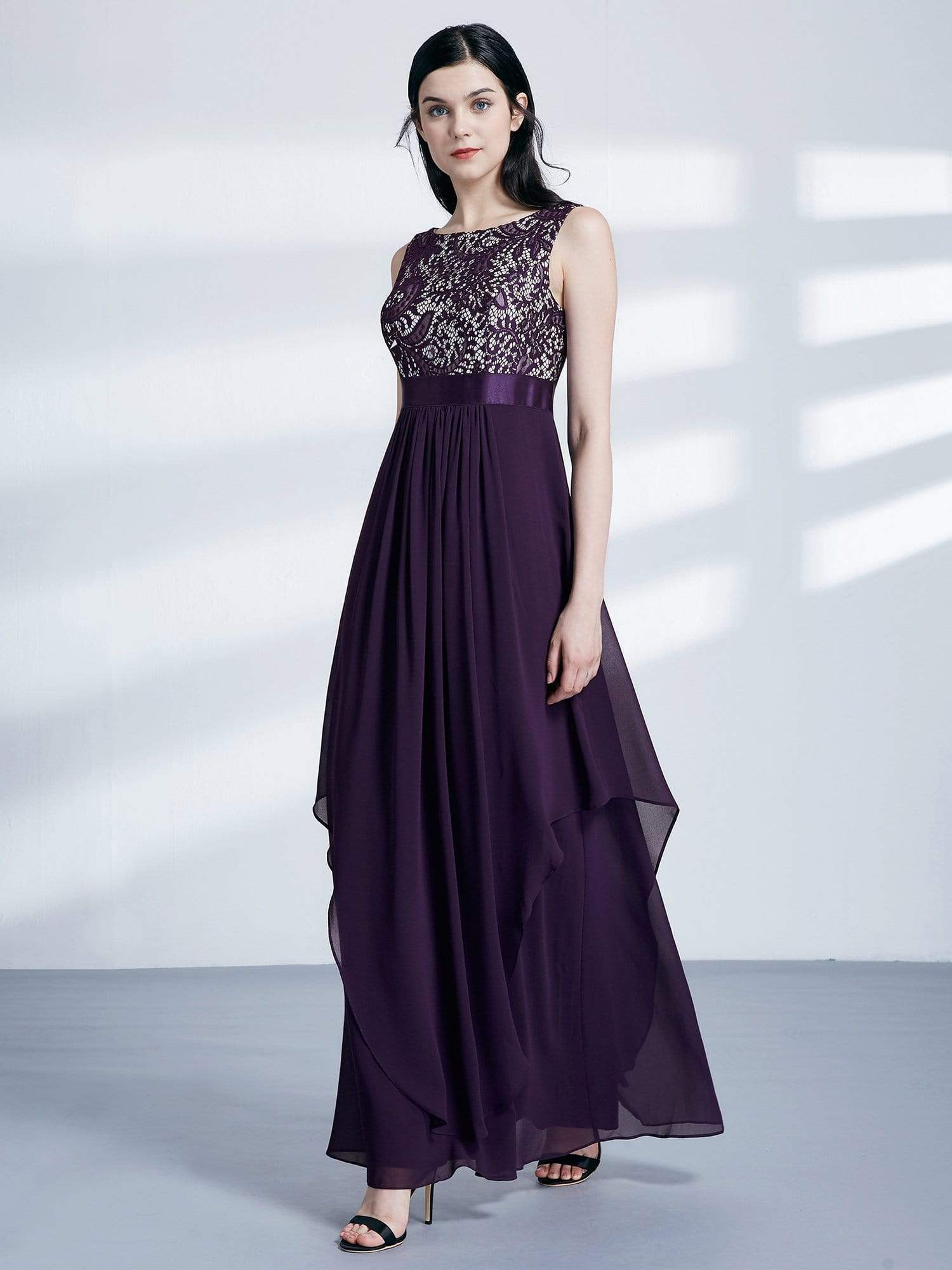 Color=Dark Purple | Sleeveless Long Evening Dress With Lace Bodice-Dark Purple 4