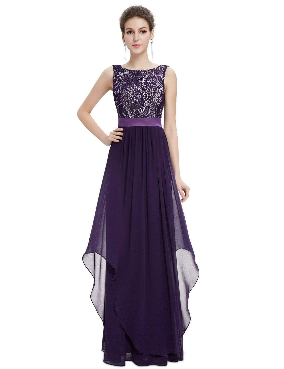 Color=Dark Purple | Sleeveless Long Evening Dress With Lace Bodice-Dark Purple 5