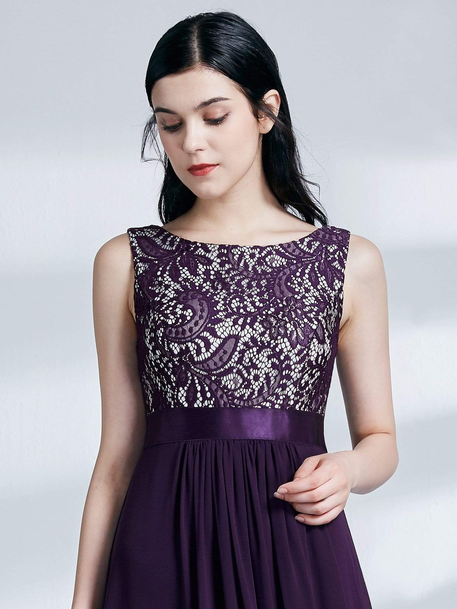 Color=Dark Purple | Sleeveless Long Evening Dress With Lace Bodice-Dark Purple 6