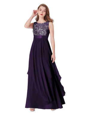 Color=Dark Purple | Sleeveless Long Evening Dress With Lace Bodice-Dark Purple 7