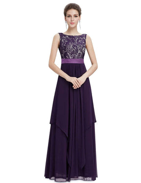 Color=Dark Purple | Sleeveless Long Evening Dress With Lace Bodice-Dark Purple 1