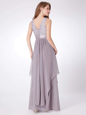 Color=Grey | Sleeveless Long Evening Dress With Lace Bodice-Grey 3