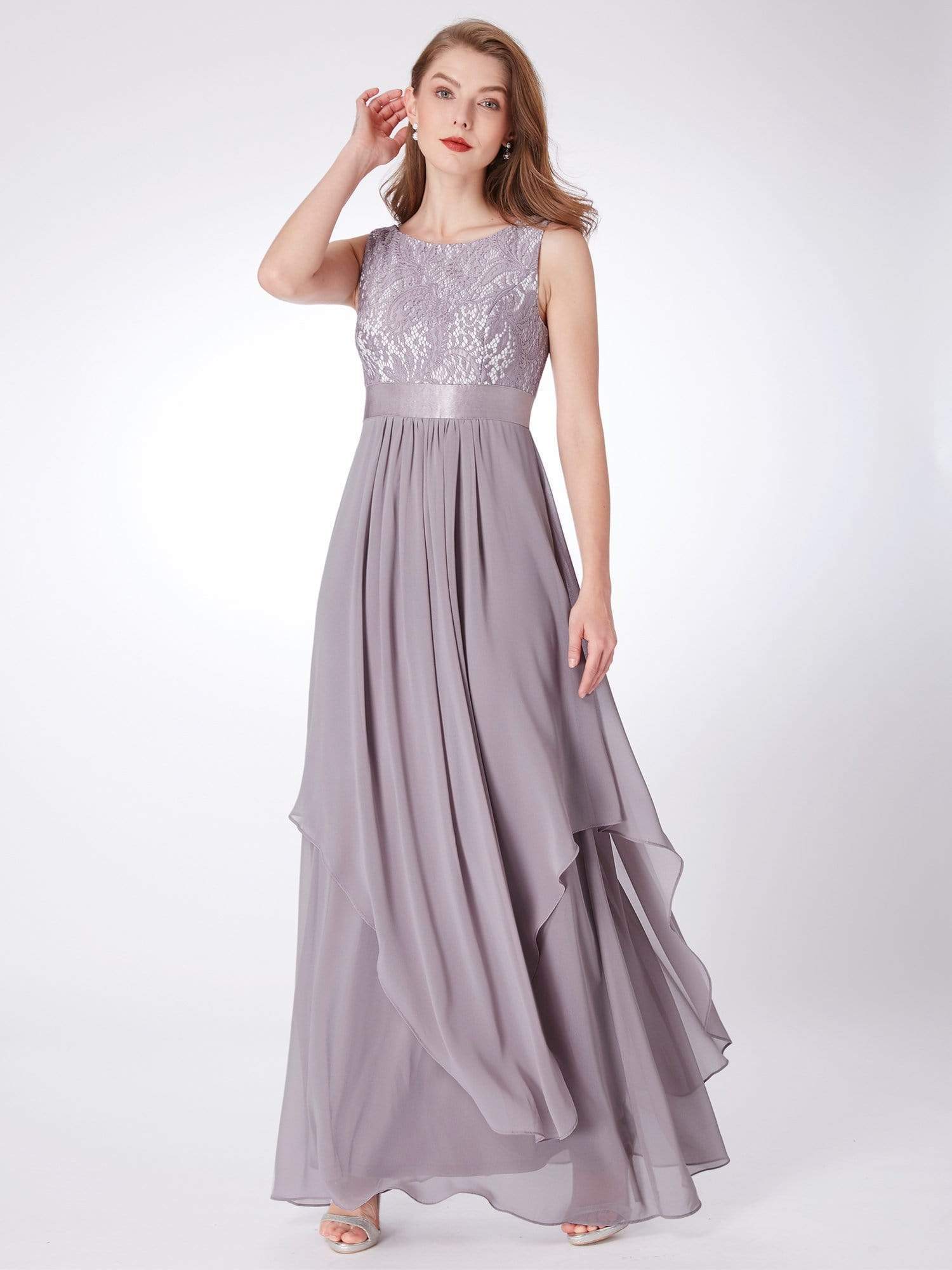 Color=Grey | Sleeveless Long Evening Dress With Lace Bodice-Grey 5