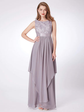 Color=Grey | Sleeveless Long Evening Dress With Lace Bodice-Grey 1