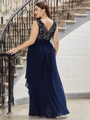COLOR=Navy Blue | Sleeveless Long Evening Dress With Lace Bodice-Navy Blue 7