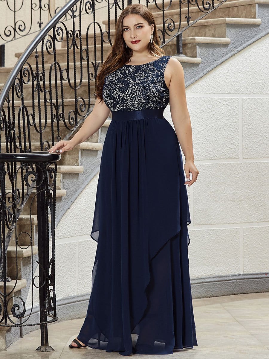 Color=Navy Blue | Plus Size Sleeveless Long Evening Dress With Lace Bodice-Navy Blue 3