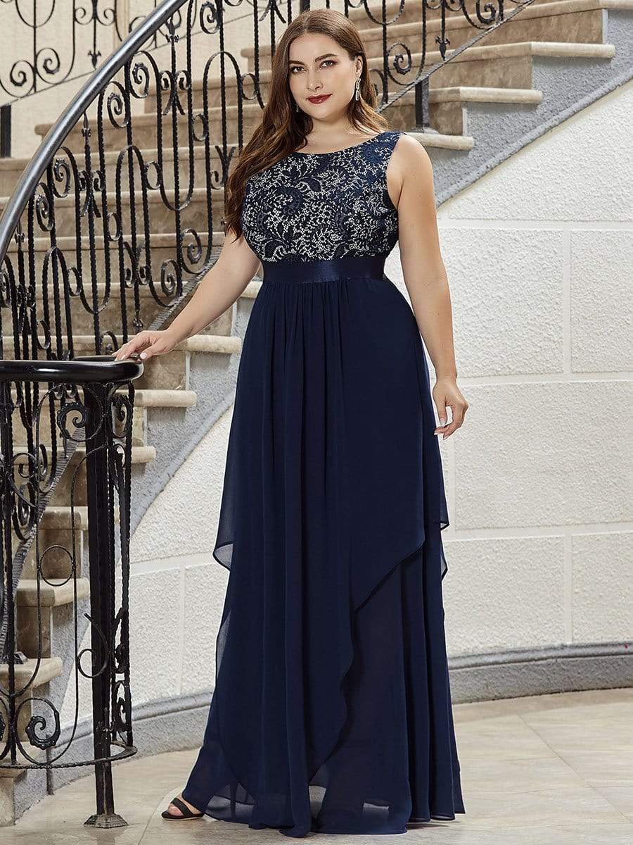 COLOR=Navy Blue | Sleeveless Long Evening Dress With Lace Bodice-Navy Blue 8